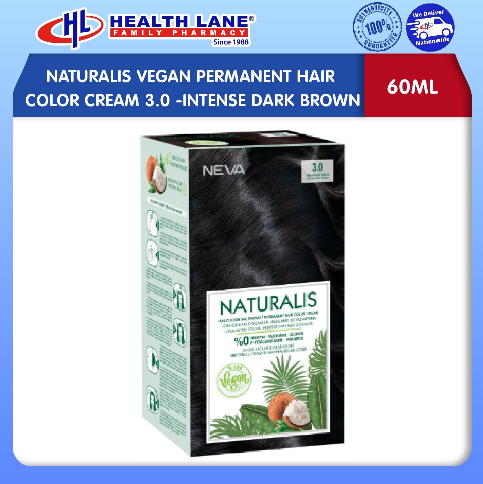 NATURALIS VEGAN PERMANENT HAIR COLOR CREAM 3.0 - INTENSE DARK BROWN (60ML)